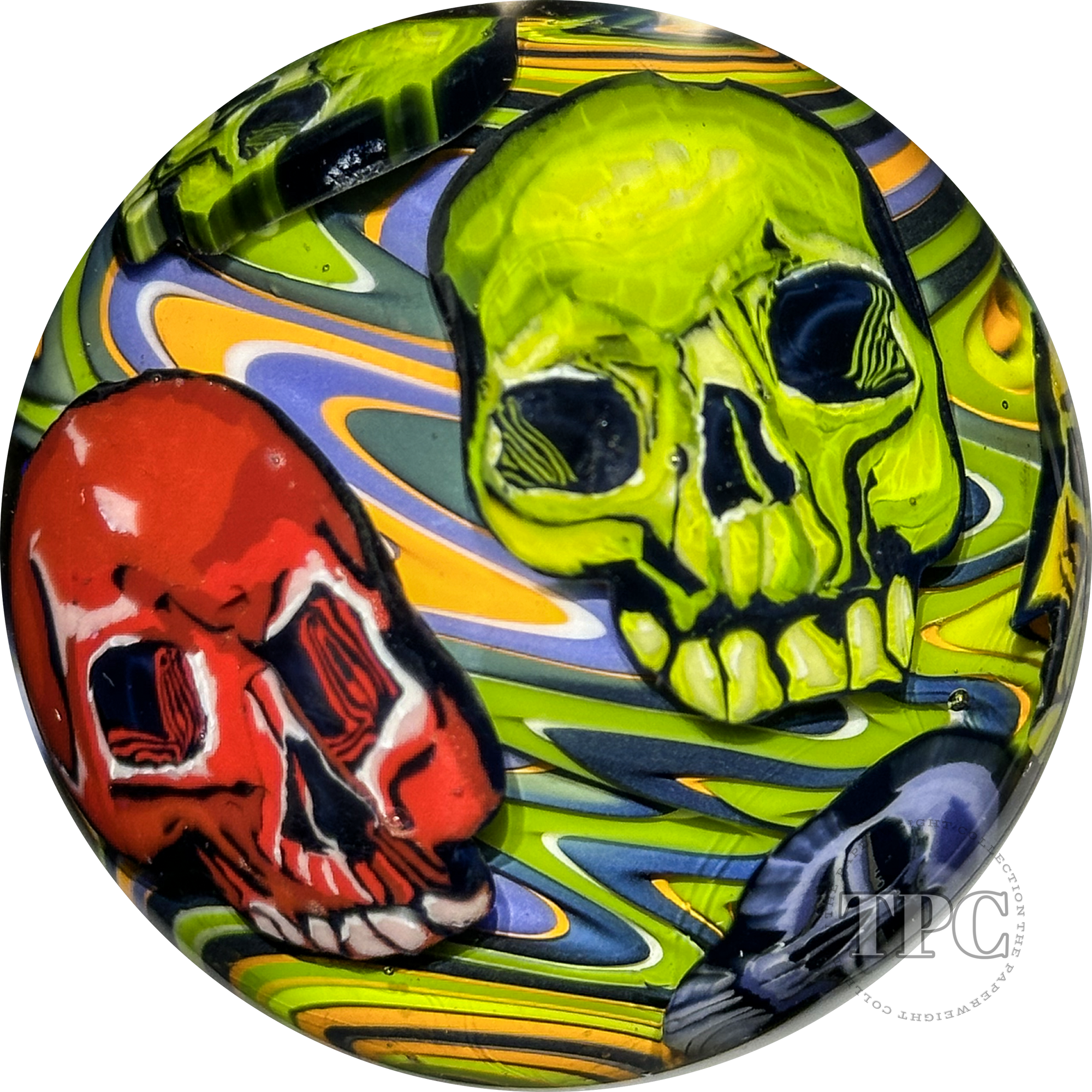 Stephen Boehme 2023 Glass Art Marble Figural Murrine Rainbow Skulls on Colorful Wig-wag