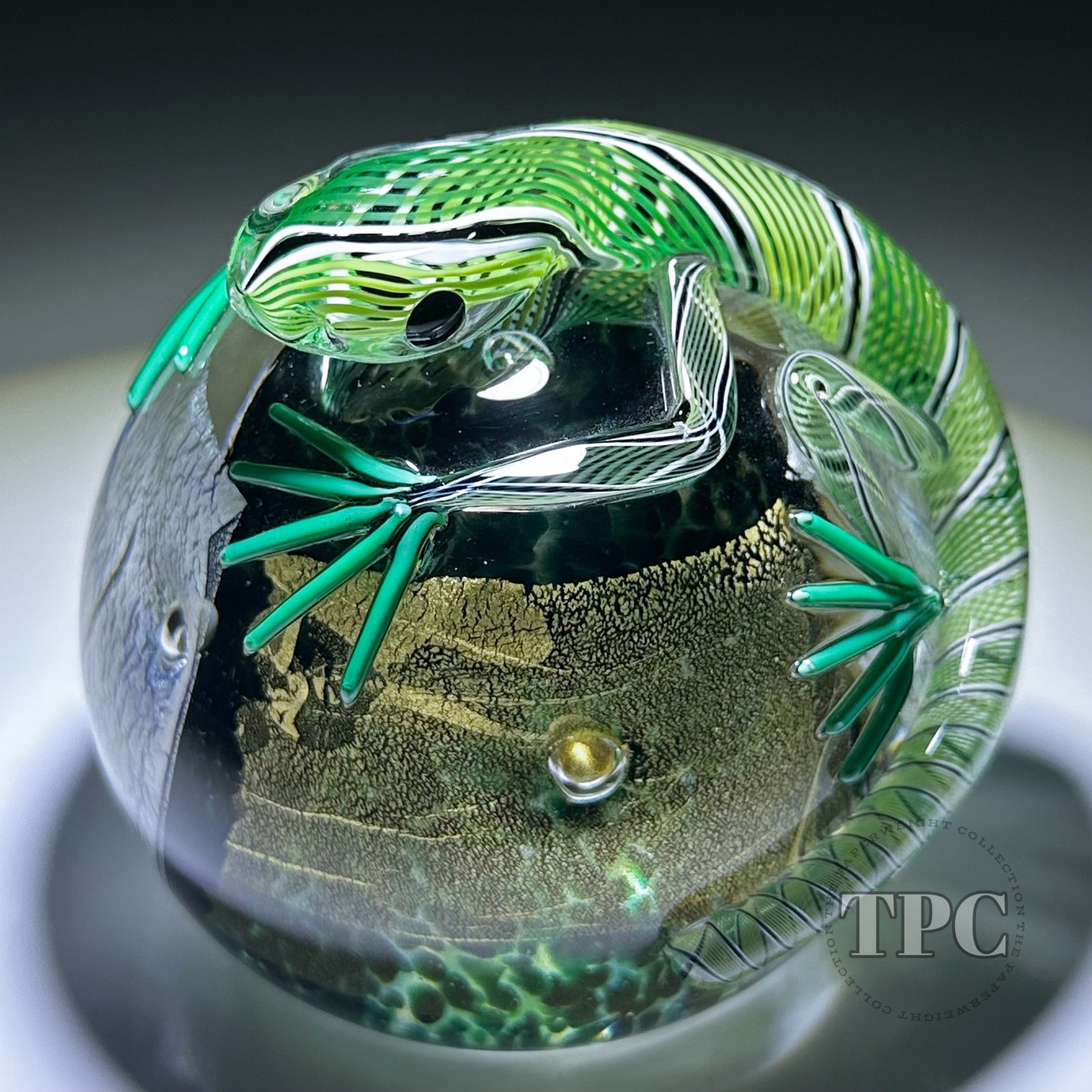 Michael Hunter 2024 Glass Art Paperweight Green & Gold Lizard