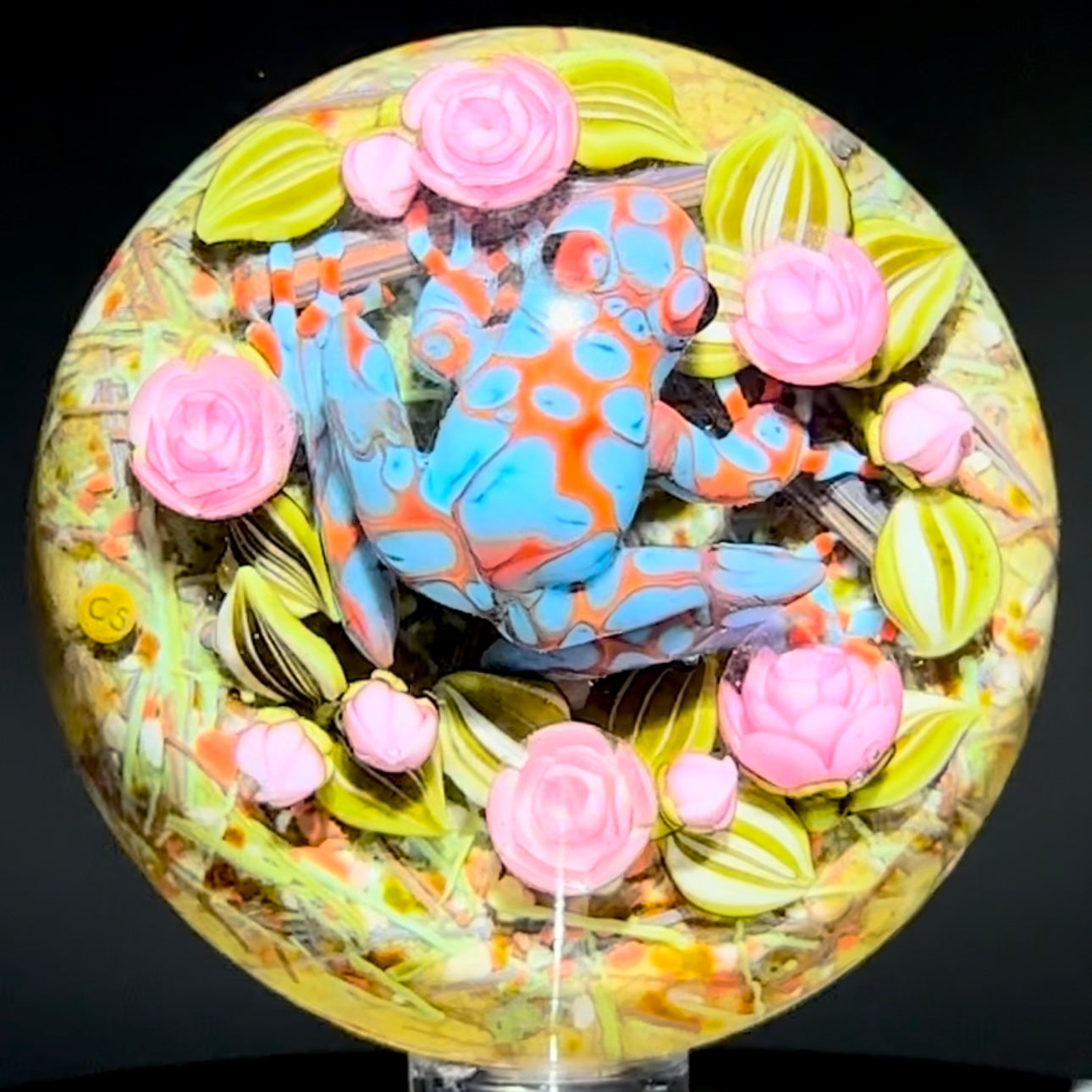 Clinton Smith 2023 Large Glass Art Marble Double Sided Flamework Colorful Free Frog & Bees with Ladybugs