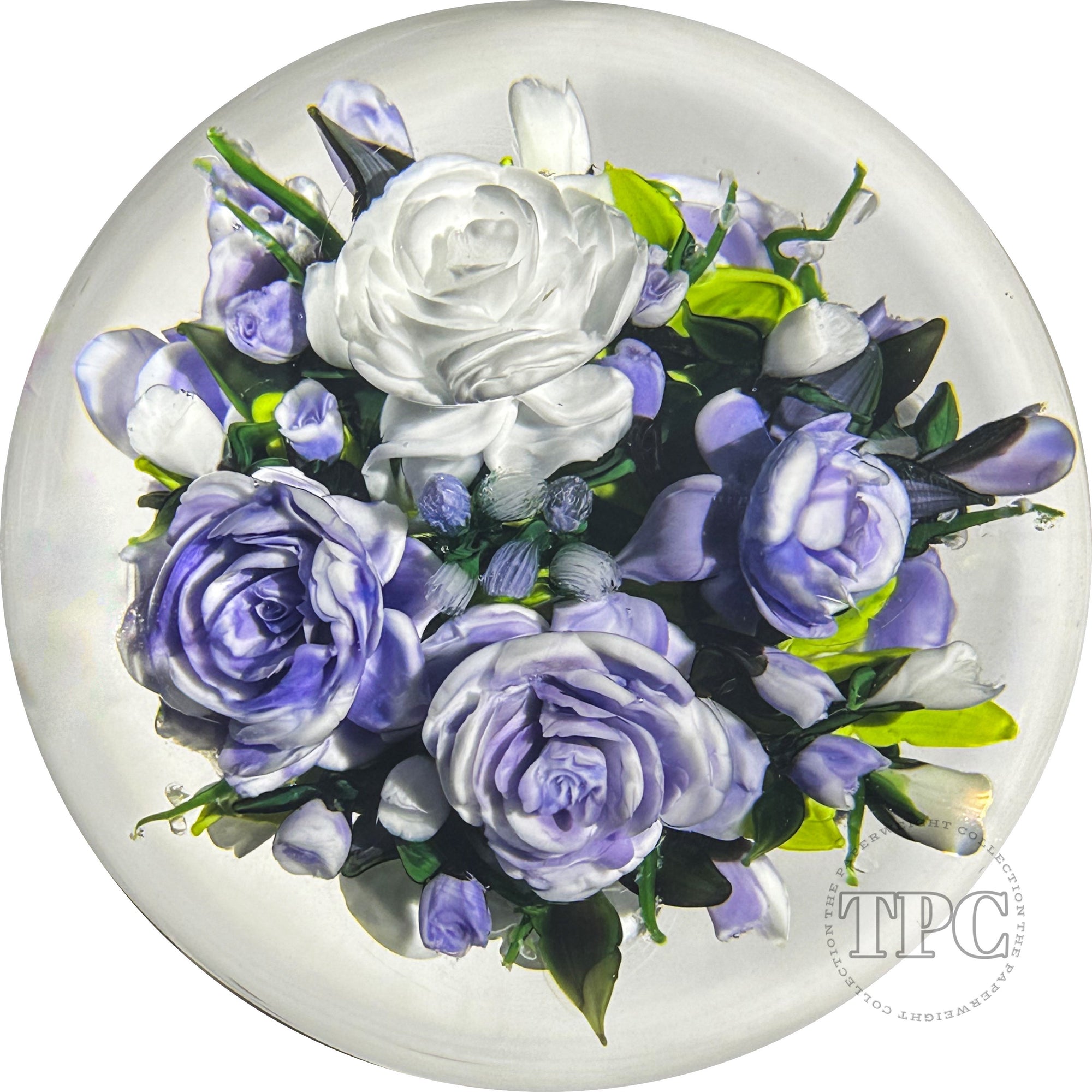 Super Magnum Rick Ayotte Double Sided Glass Art Paperweight Flamework Purple and White Rose Bouquet