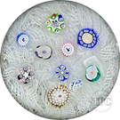 John Deacons 2014 Glass Art Paperweight Spaced Complex Millefiori on Upset White Muslin Lace Ground