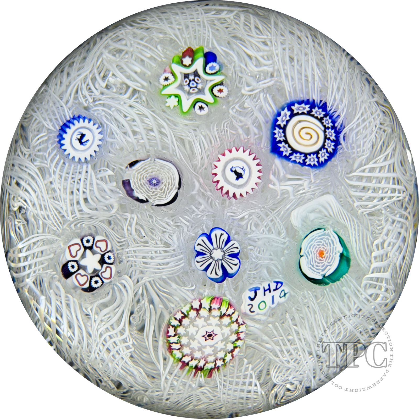 John Deacons 2014 Glass Art Paperweight Spaced Complex Millefiori on Upset White Muslin Lace Ground