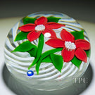 John Deacons 1991 Glass Art Paperweight Flamework Red Flower Bouquet on White Spiral Filigree Basket