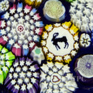 John Deacons Glass Art Paperweight Closepack Complex Millefiori with Silhouettes and Torsade on Blue
