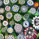 John Deacons Glass Art Paperweight Closepack Complex Millefiori with Silhouettes on Radial Green & White Cushion