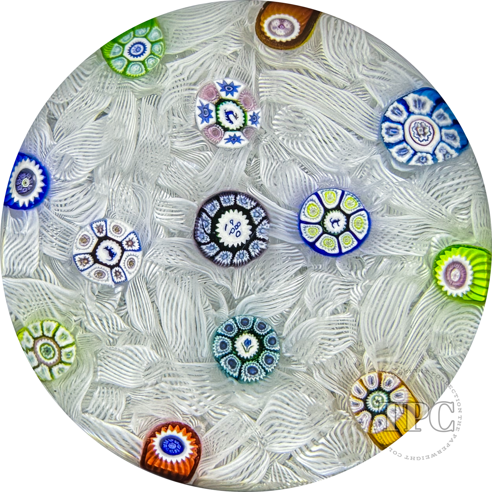 Perthshire 1980 Glass Art Paperweight Spaced Complex Millefiori on Upset White Muslin Ground PP11