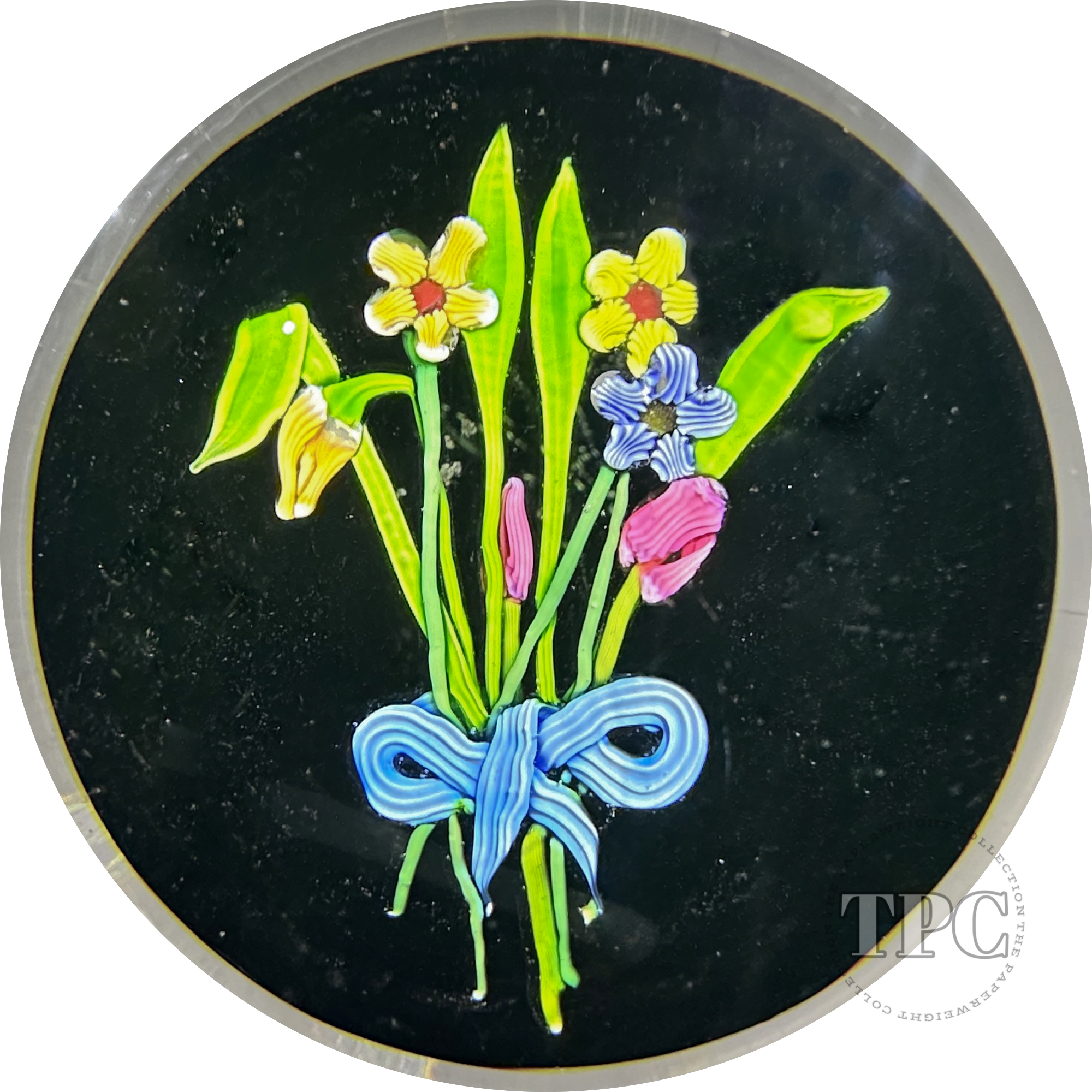 Paul Ysart Glass Art Paperweight Flamework Spring Flower Bouquet on Black Ground