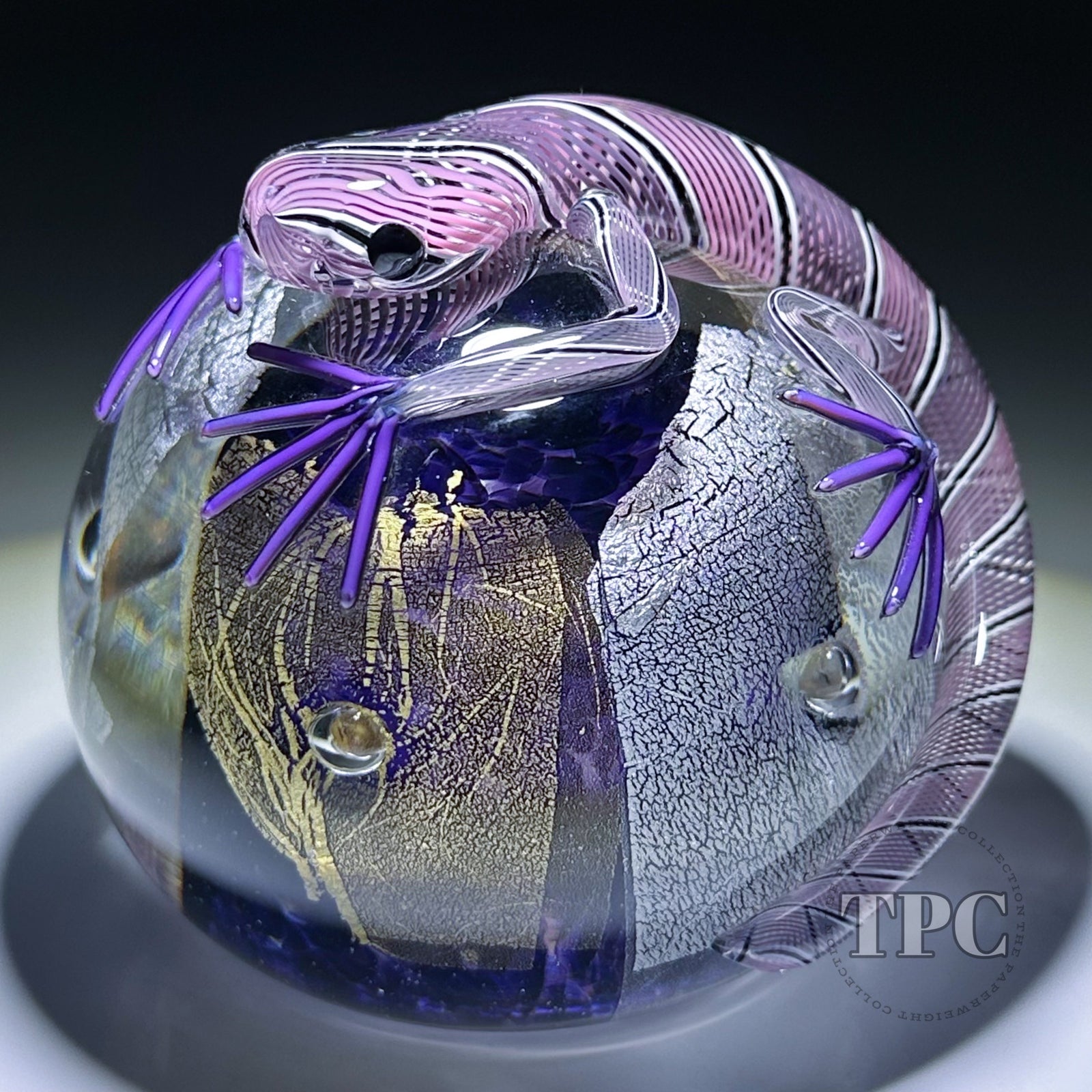 Michael Hunter 2024 Glass Art Paperweight Purple & Gold Lizard