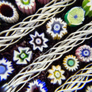 John Deacons Glass Art Paperweight Millefiori and Parallel White Filigree Twists