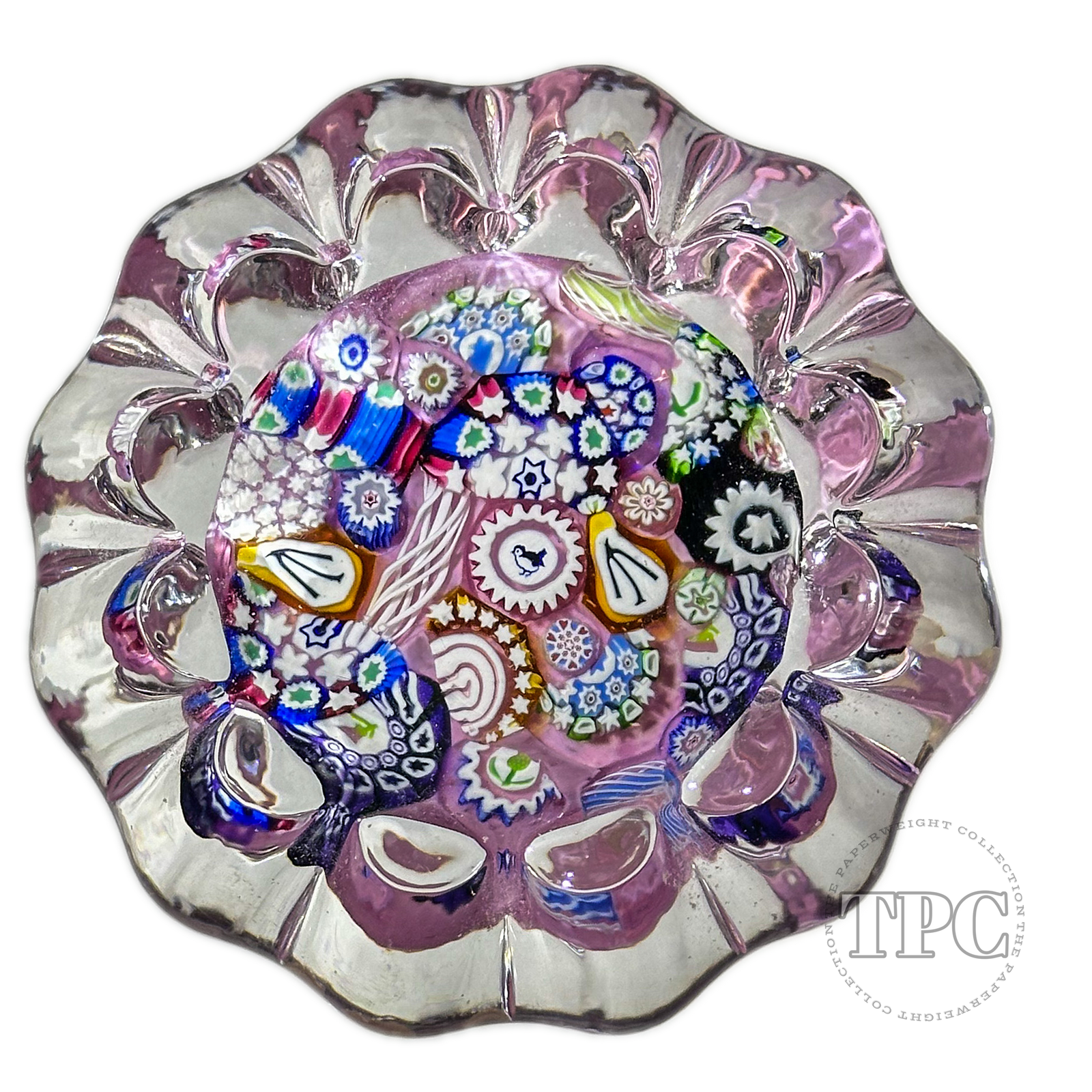 John Deacons Glass Art Paperweight Complex Millefiori Scramble on Lilac Ground