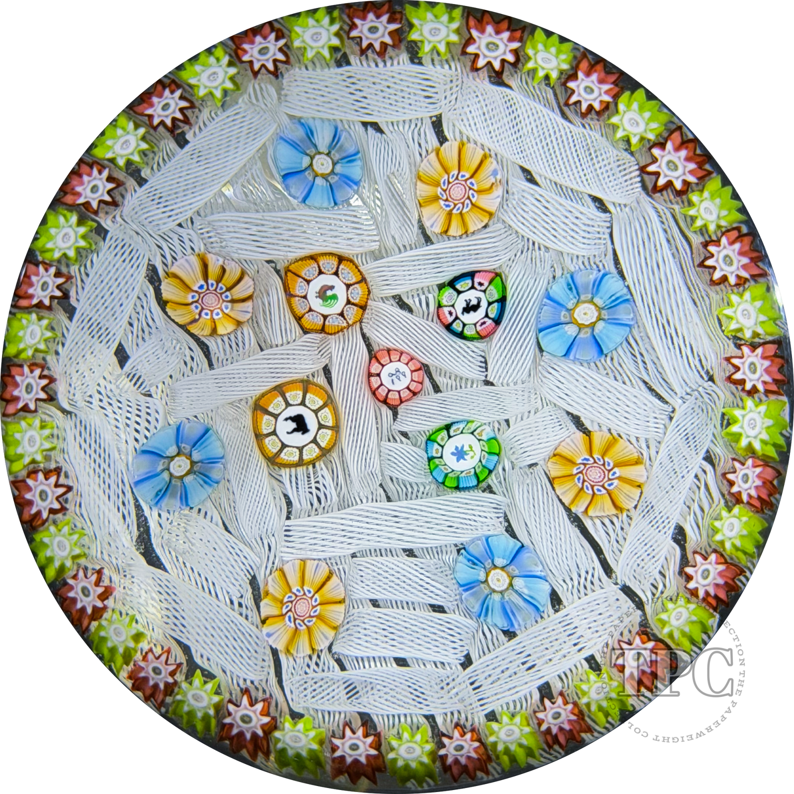 Perthshire 1989 Glass Art Paperweight Spaced Complex Millefiori on Upset White Muslin Lace Ground PP11