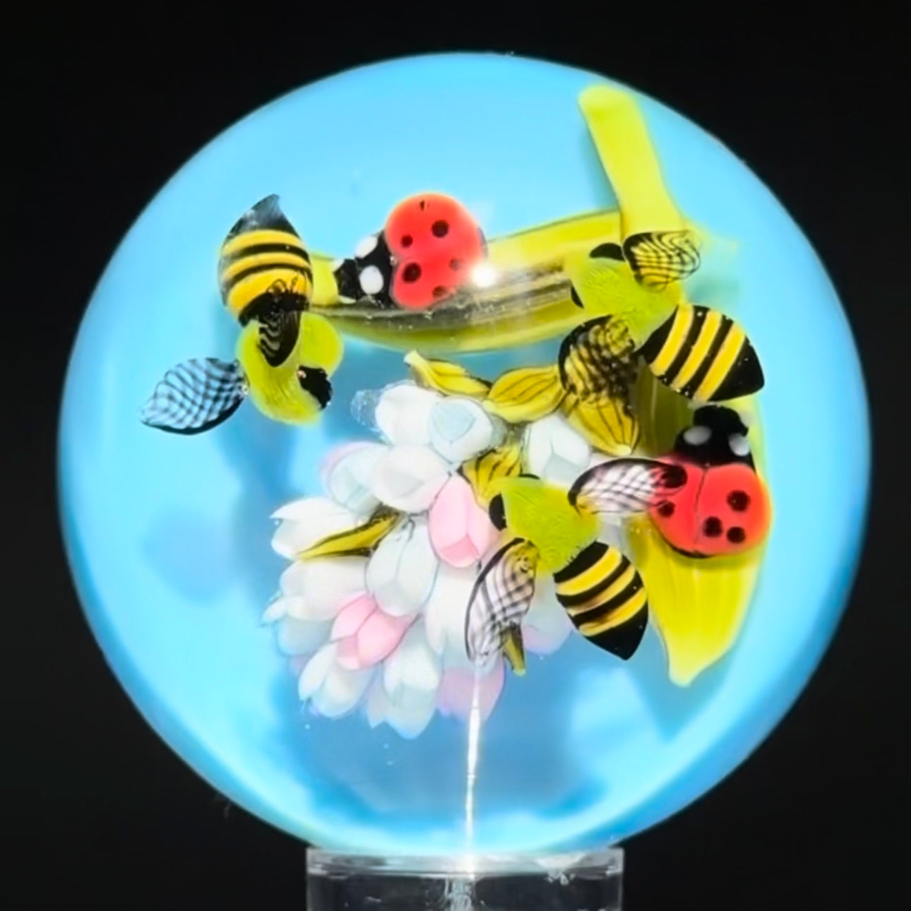Clinton Smith 2023 Glass Art Marble Double Sided Flamework Bees & ladybugs with Lilac & Hunting Crane