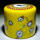 Michael Hunter 2023 Glass Art Paperweight Pillar Yellow Rose Carpet Ground with Bird Murrine