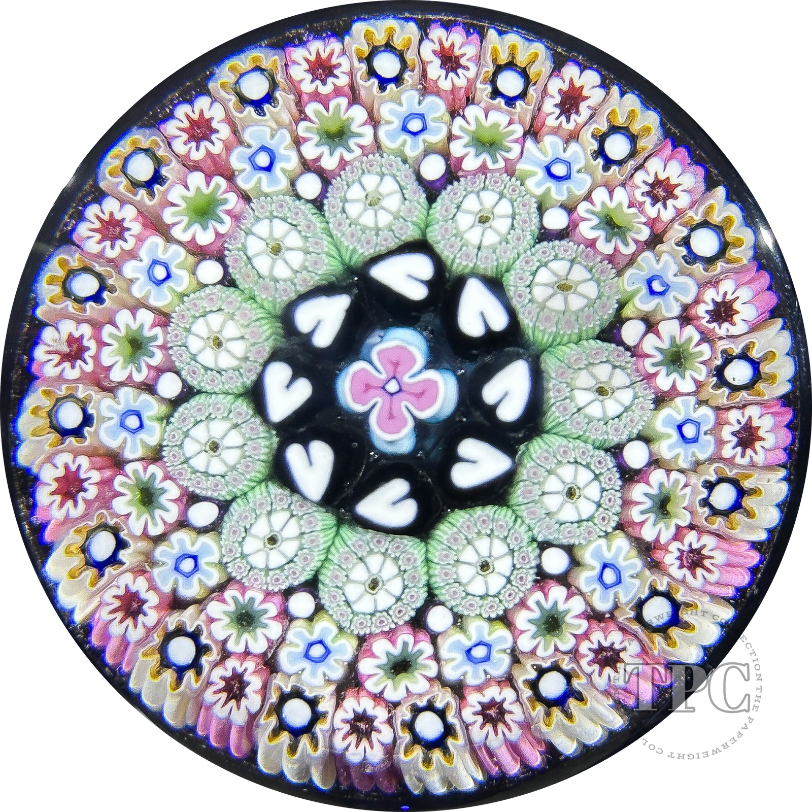Damon MacNaught 2024 Glass Art Paperweight Concentric Complex Millefiori w/ Black Hearts