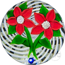 John Deacons 1991 Glass Art Paperweight Flamework Red Flower Bouquet on White Spiral Filigree Basket