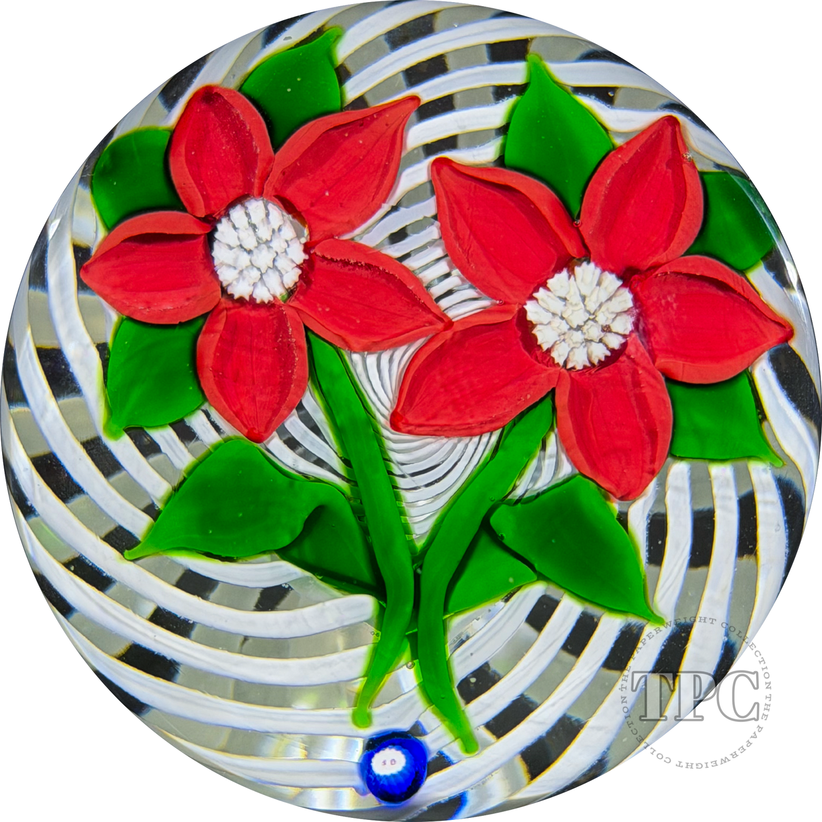 John Deacons 1991 Glass Art Paperweight Flamework Red Flower Bouquet on White Spiral Filigree Basket
