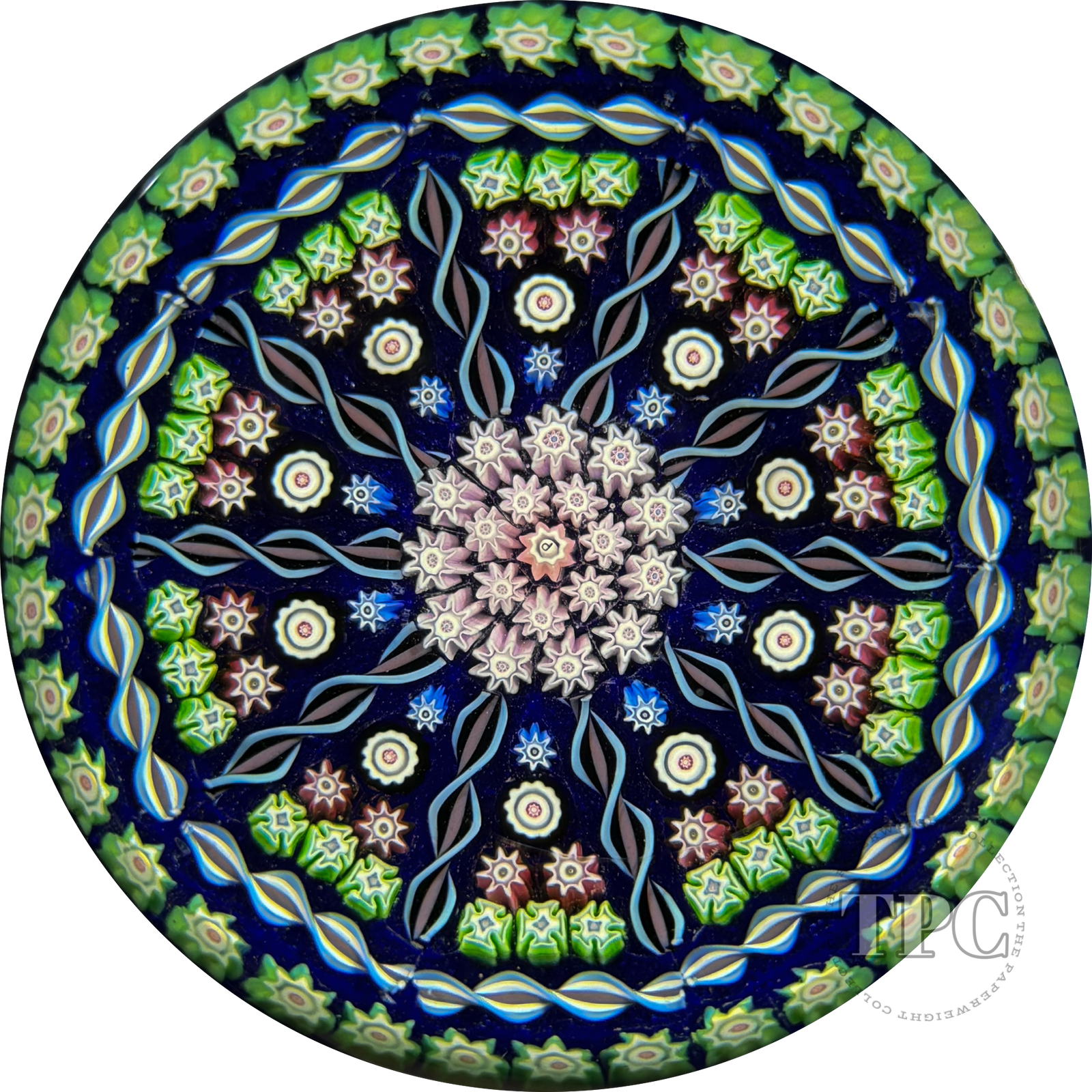 Perthshire Glass Art Paperweight Patterned Millefiori and Ribbon Twists on Blue PP31