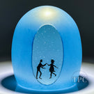 Alison Ruzsa 2023 Frosted Blue Glass Art Sculpture Hand-Painted Enamels Dancing in the Snowfall