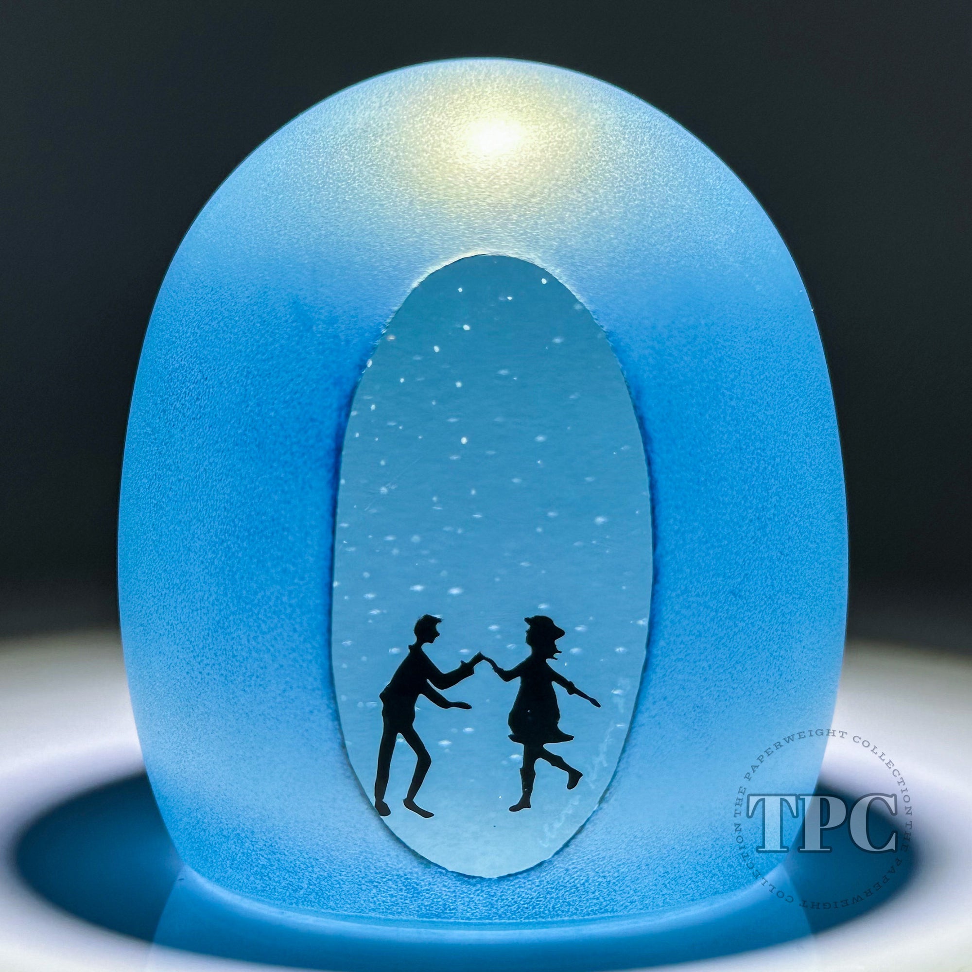 Alison Ruzsa 2023 Frosted Blue Glass Art Sculpture Hand-Painted Enamels Dancing in the Snowfall