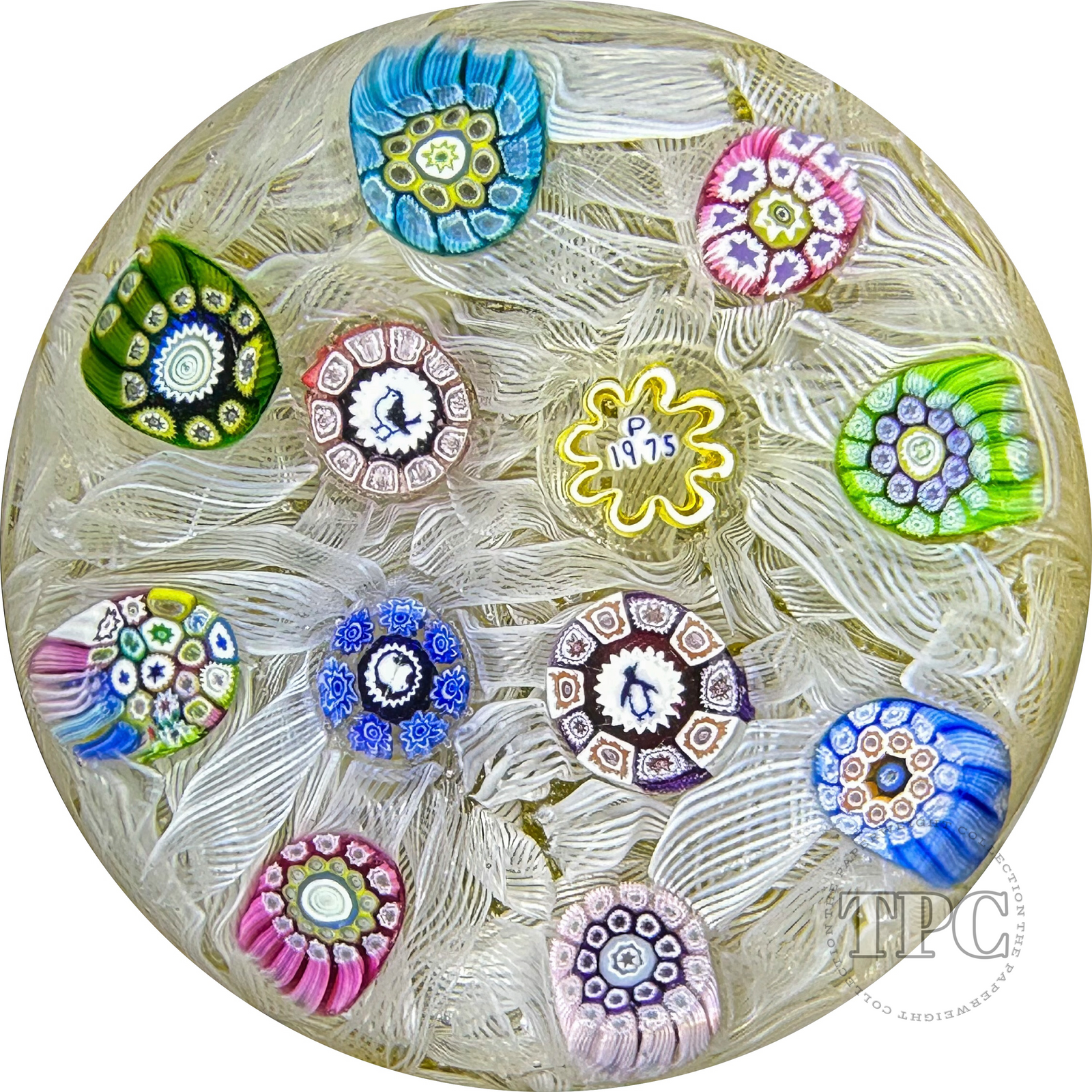 Perthshire 1975 Glass Art Paperweight Spaced Complex Millefiori on Upset White Muslin Amber-cushioned Ground PP13