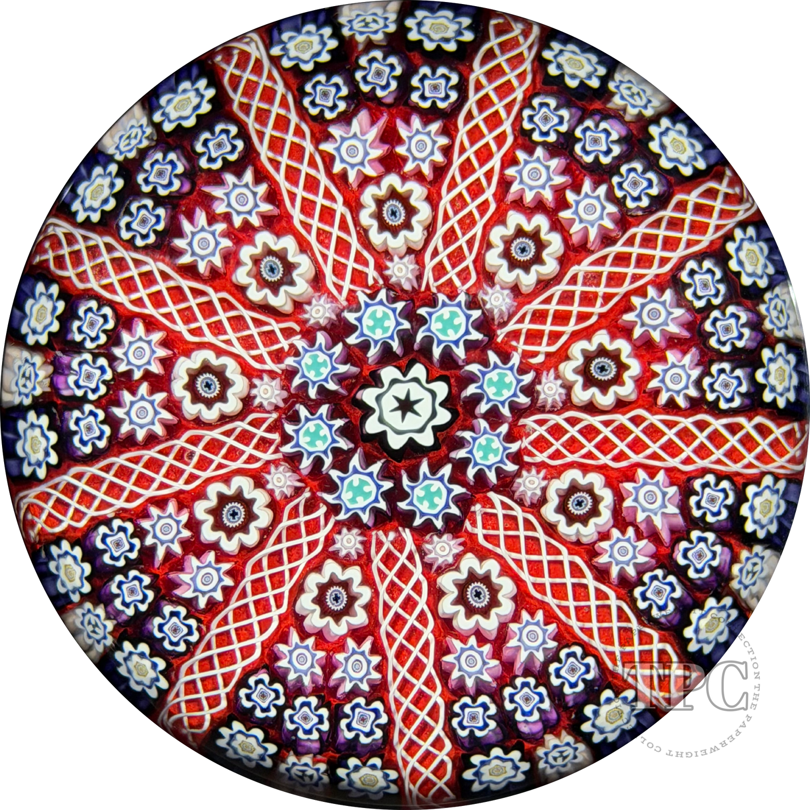 Peter McDougall Glass Art Paperweight Radial Filigree and Millefiori on Red Ground