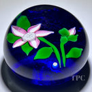 John Deacons Glass Art Paperweight Flamework Pink Flower on Blue