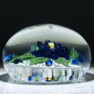 Vintage Harold Hacker Glass Art Paperweight Flamework Blue Dahlia on Mottled White