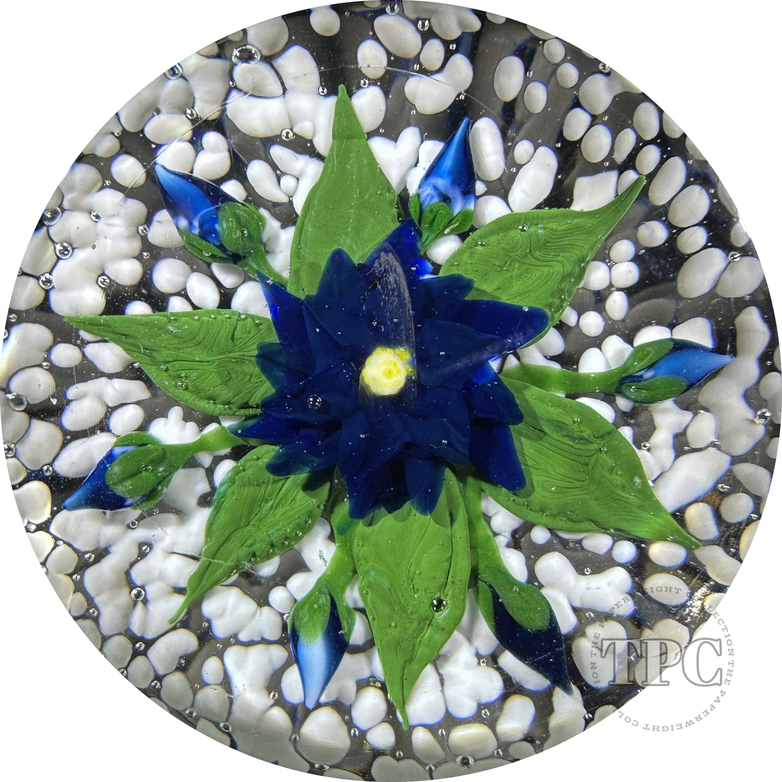 Vintage Harold Hacker Glass Art Paperweight Flamework Blue Dahlia on Mottled White