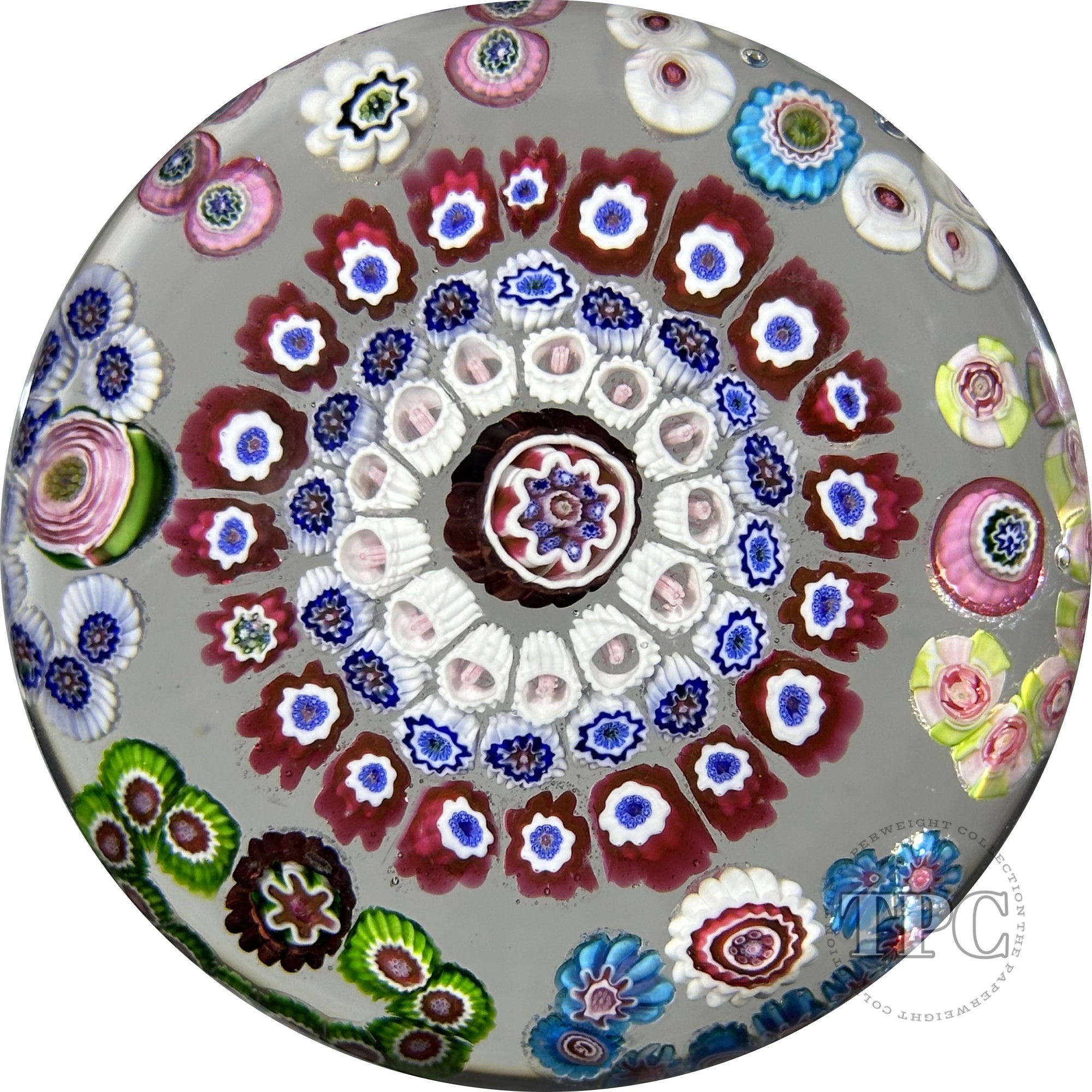 Antique Clichy Glass Paperweight Complex C-Scroll Millefiori with Rose Canes