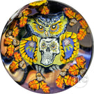 Stephen Boehme 2023 Glass Art Marble Figural Murrine Autumnal Sugar Skull Owl with Orange Leaves