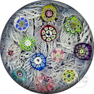 Perthshire 1972 Glass Art Paperweight Spaced Complex Millefiori on Upset White Muslin Lace Over Blue Cushion  PP12
