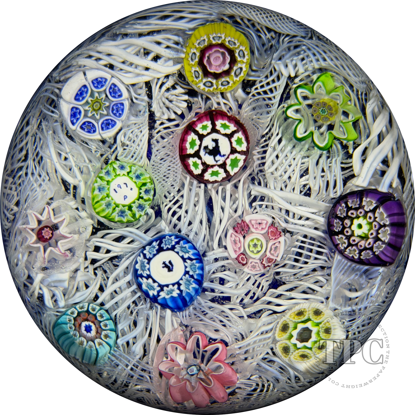Perthshire 1972 Glass Art Paperweight Spaced Complex Millefiori on Upset White Muslin Lace Over Blue Cushion  PP12