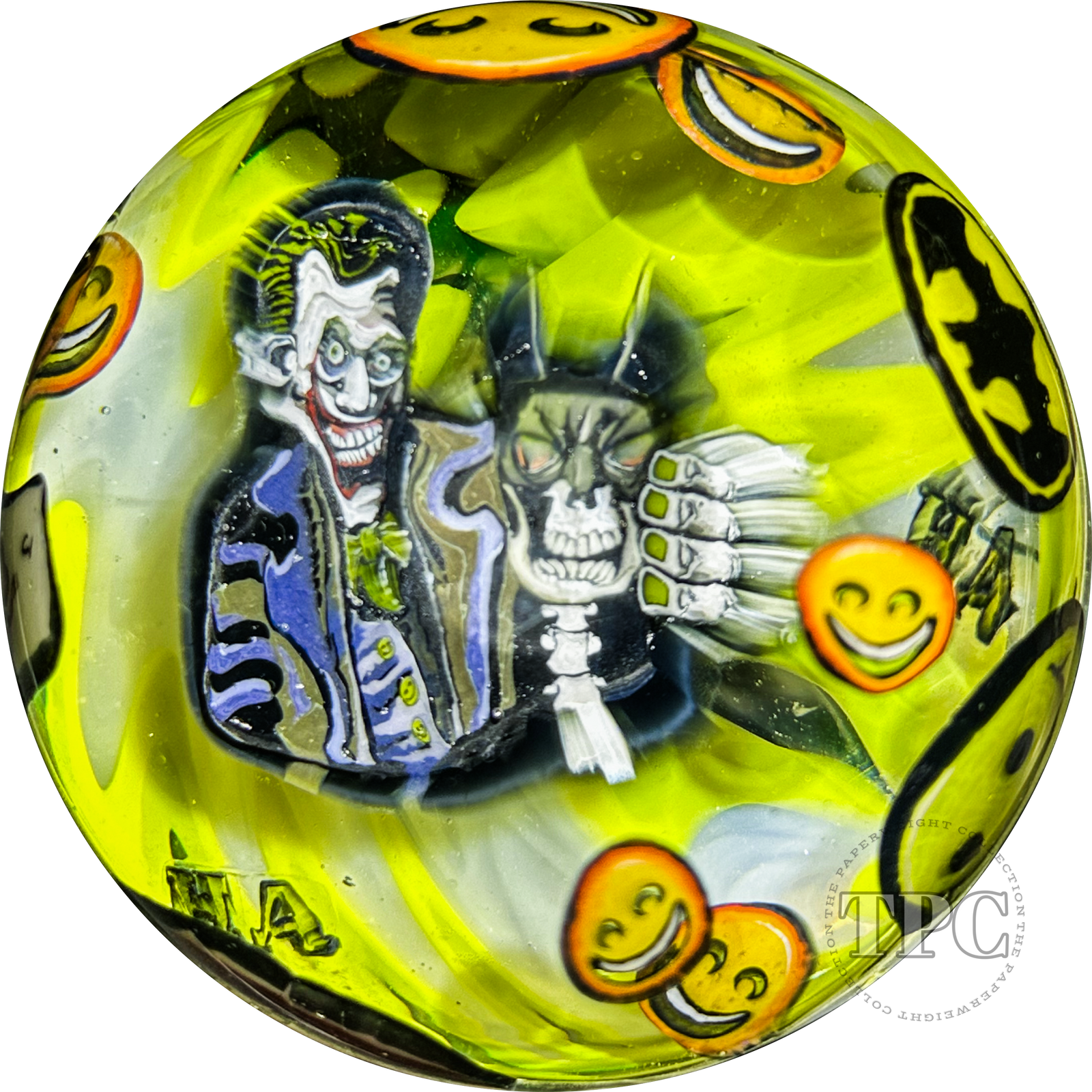 Stephen Boehme 2024 Glass Art Paperweight Figural Murrine Batman and Joker on Yellow Wig-wag