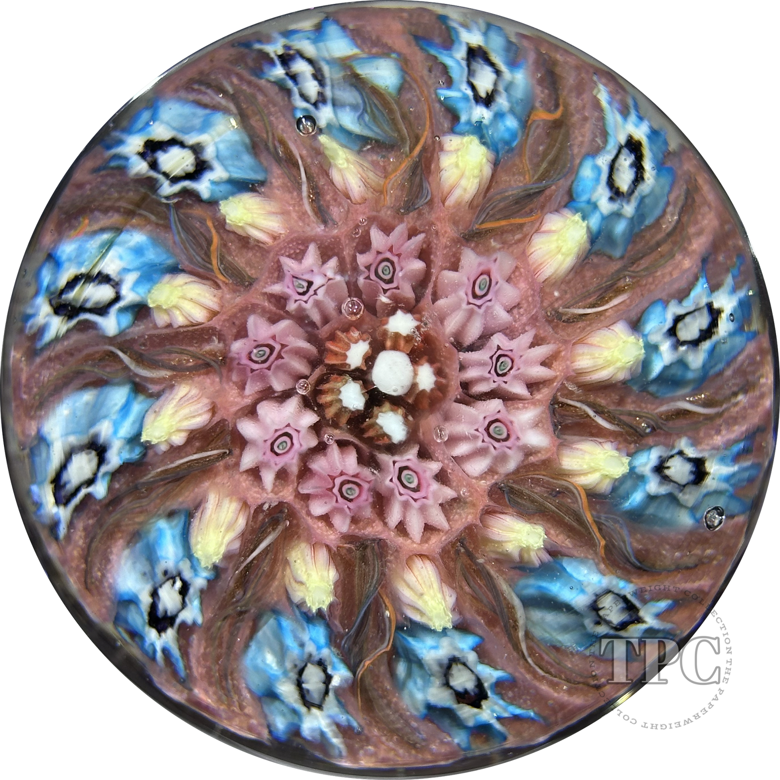 Vintage Vasart Glass Art Paperweight with Radial Millefiori & Filigree Twists on Pink