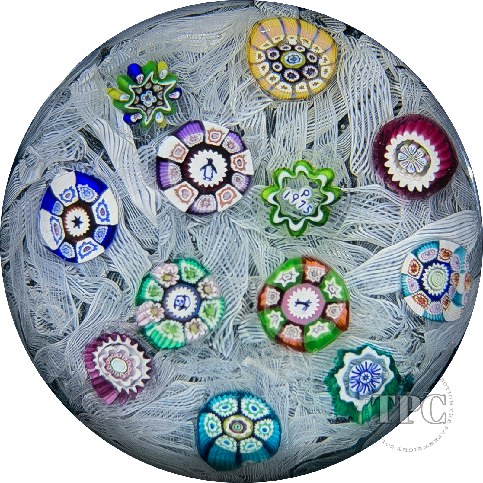 Perthshire 1975 Glass Art Paperweight Spaced Complex Millefiori on Upset White Muslin Aqua-Cushioned Ground PP12