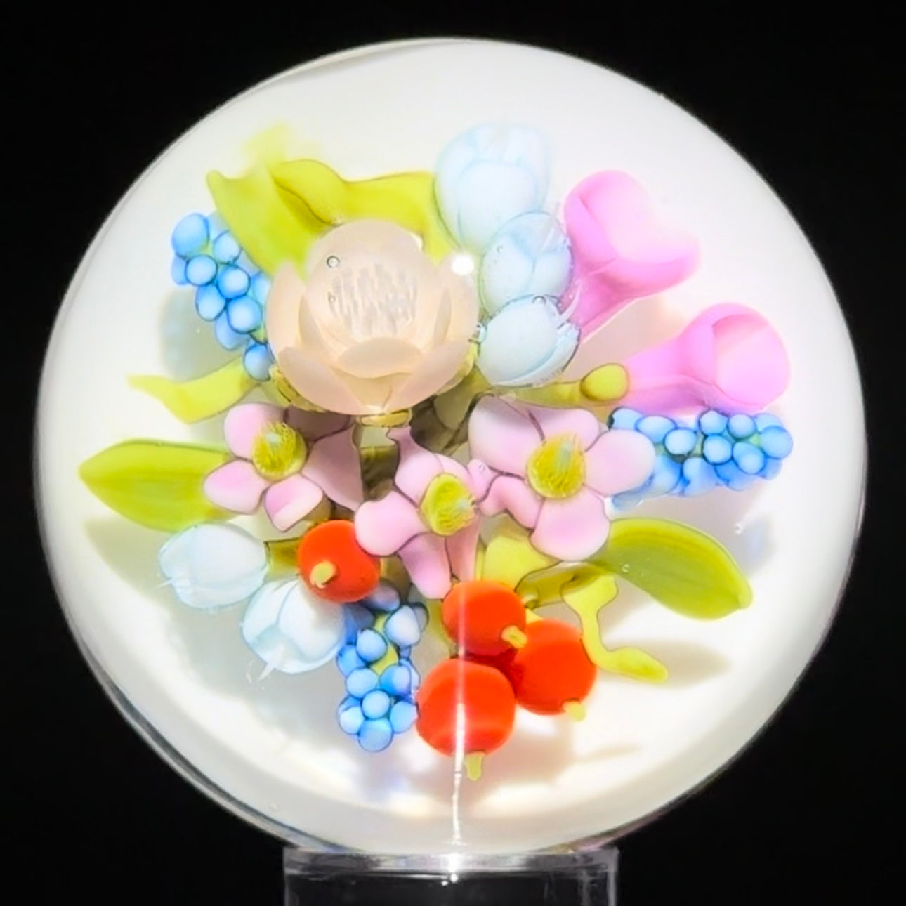 Clinton Smith 2023 Glass Art Marble Double Sided Flamework Pink Flower Bouquet & Tiger Salamander