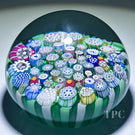 John Deacons Glass Art Paperweight Closepack Complex Millefiori with Silhouettes on Radial Green & White Cushion