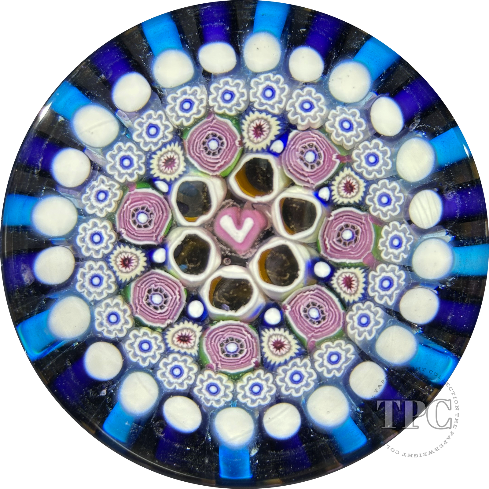 Damon MacNaught 2024 Glass Art Paperweight Concentric Complex Millefiori w/ Roses & Pink Heart Center