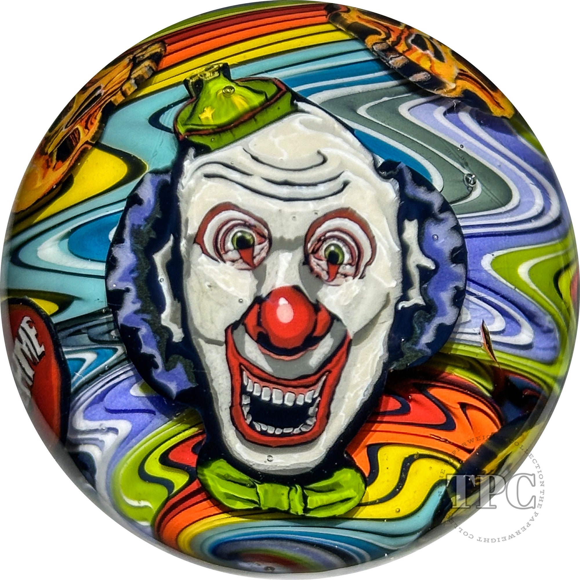 Stephen Boehme 2023 Glass Art Marble Figural Murrine Clown & Rainbow Skulls on Colorful Wig-wag