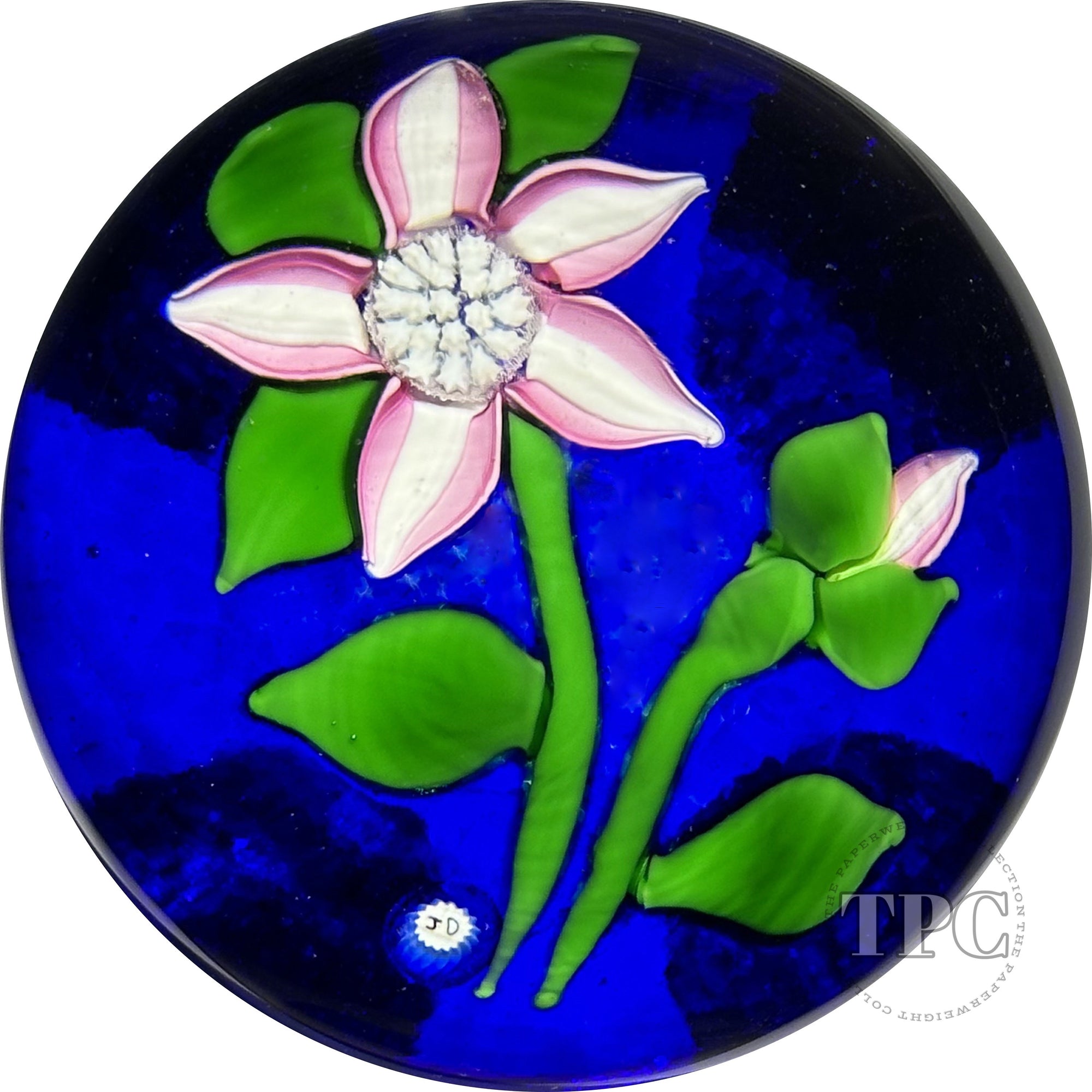John Deacons Glass Art Paperweight Flamework Pink Flower on Blue