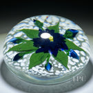 Vintage Harold Hacker Glass Art Paperweight Flamework Blue Dahlia on Mottled White