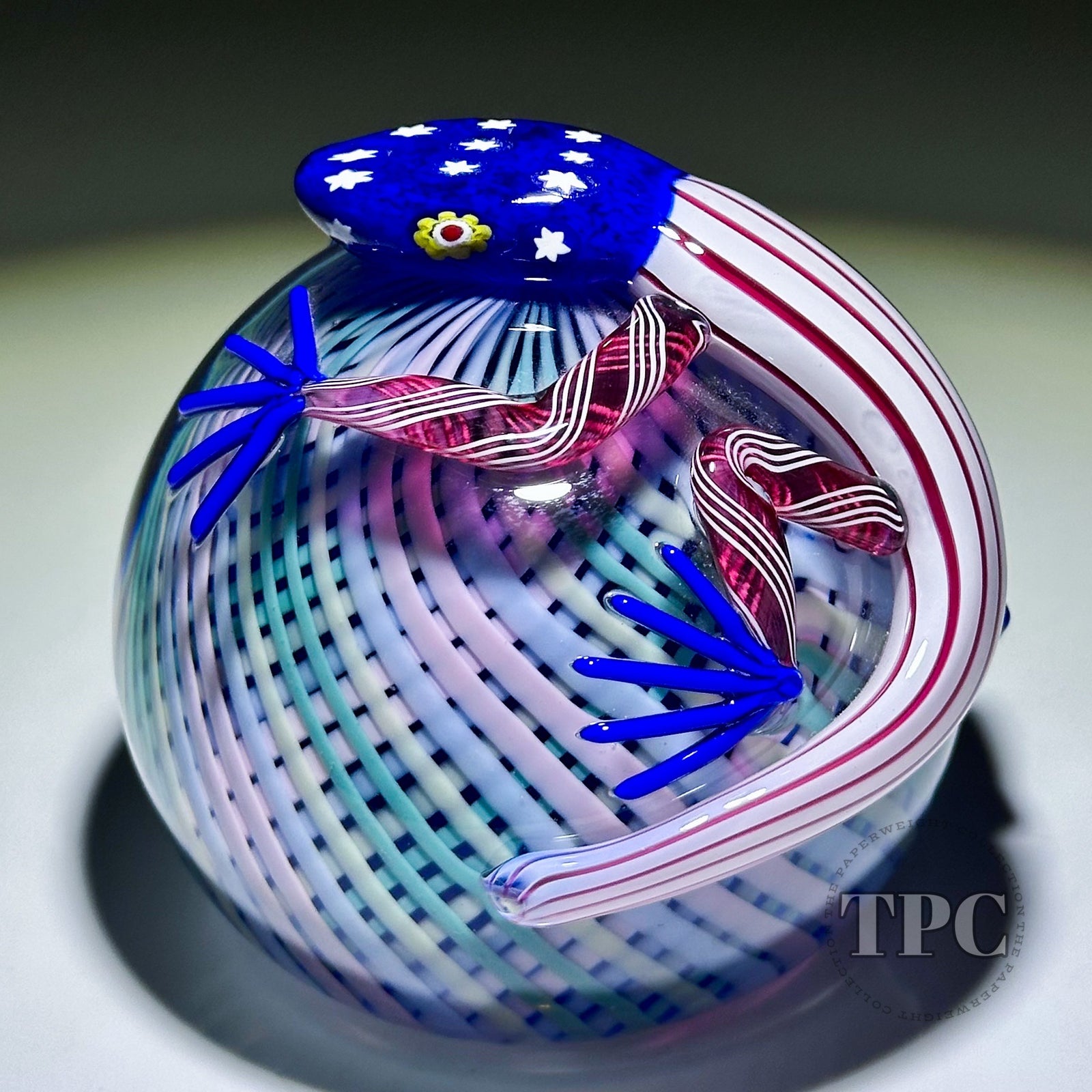 Michael Hunter 2025 Glass Art Paperweight Stars & Stripes Lizard Pastel Reticello Crown