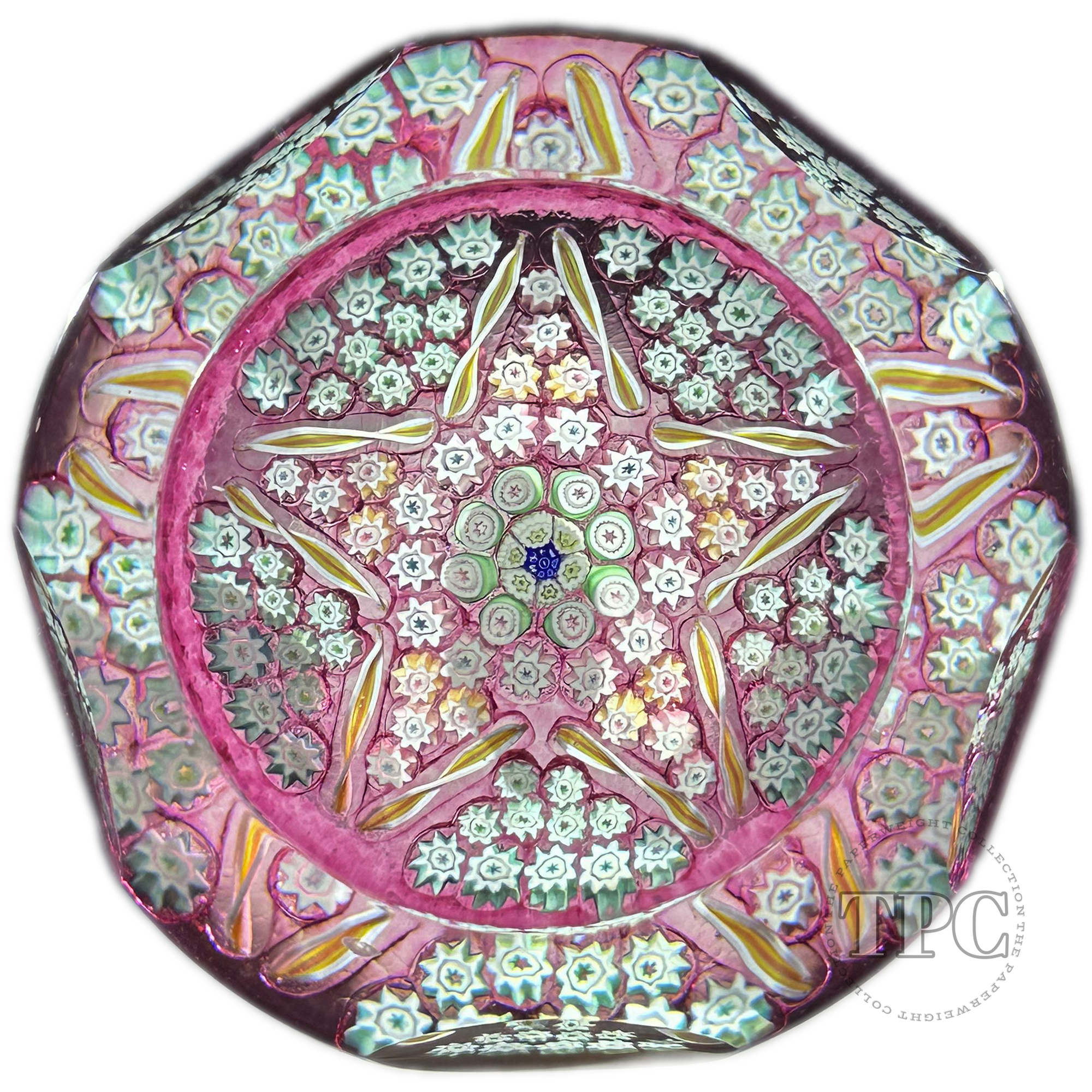 Caithness Whitefriars 1983 Glass Art Paperweight "Millefiori Star" on Transparent Pink Ground