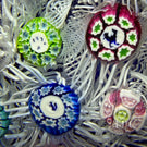 Perthshire 1972 Glass Art Paperweight Spaced Complex Millefiori on Upset White Muslin Lace Over Blue Cushion  PP12