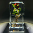 Paul Stankard Glass Art Paperweight Flamework Bontanical Sculptural Block Red Raspberries with White Blossoms and Root People