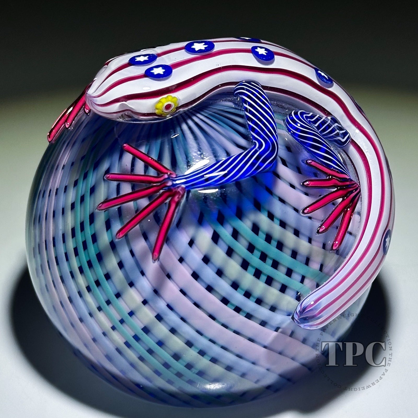 Michael Hunter 2025 Glass Art Paperweight Stripes w/ Stars Lizard Pastel Reticello Crown