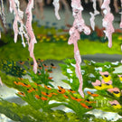 Alison Ruzsa 2023 Glass Art Sculpture "Place to Rest" Hand-Painted Enamels Flowering Weeping Cherries in Field of Flowers
