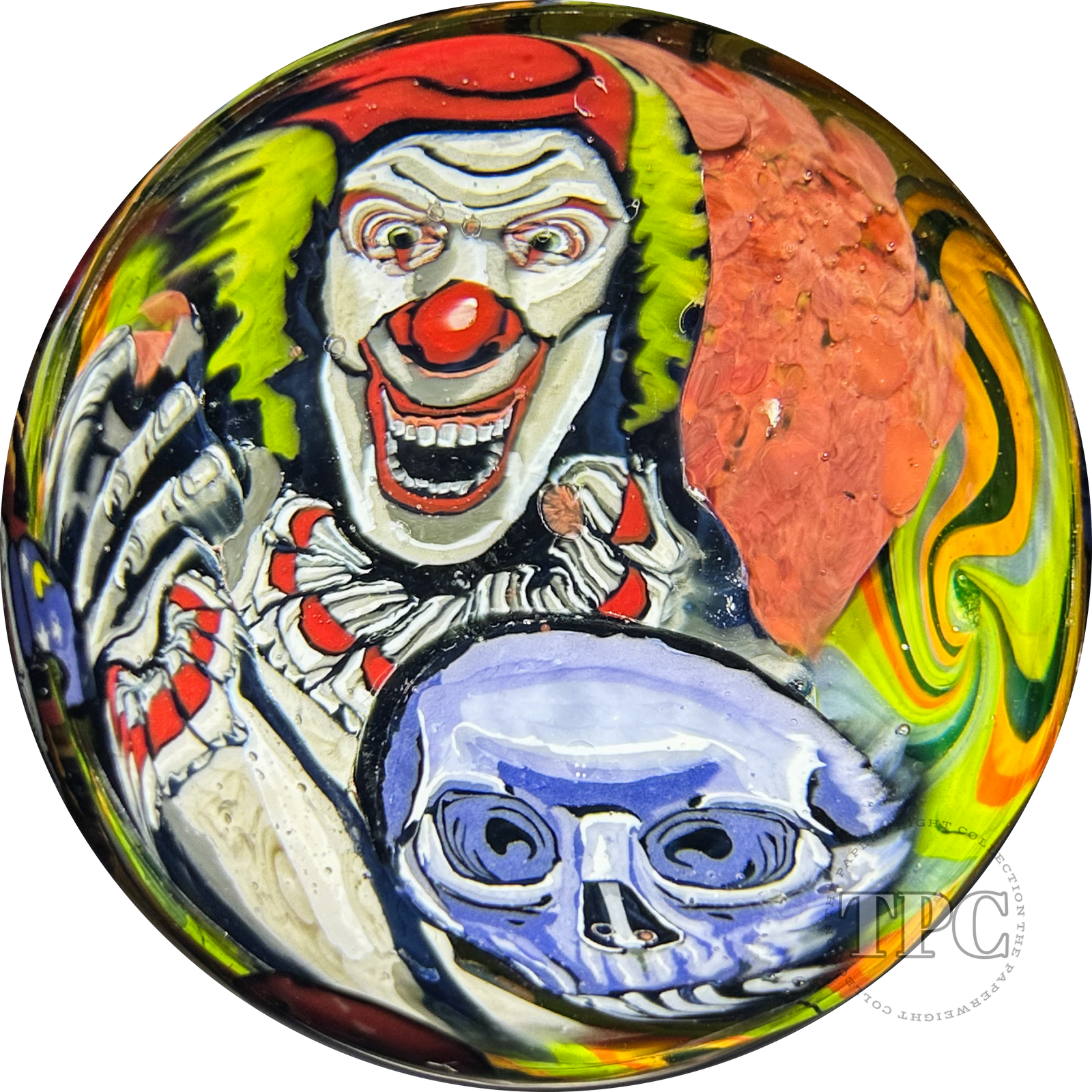 Stephen Boehme 2024 Glass Art Paperweight Figural Murrine Killer Clown with Skulls