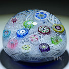 Perthshire 1972 Glass Art Paperweight Spaced Complex Millefiori on Upset White Muslin Lace Over Blue Cushion  PP12