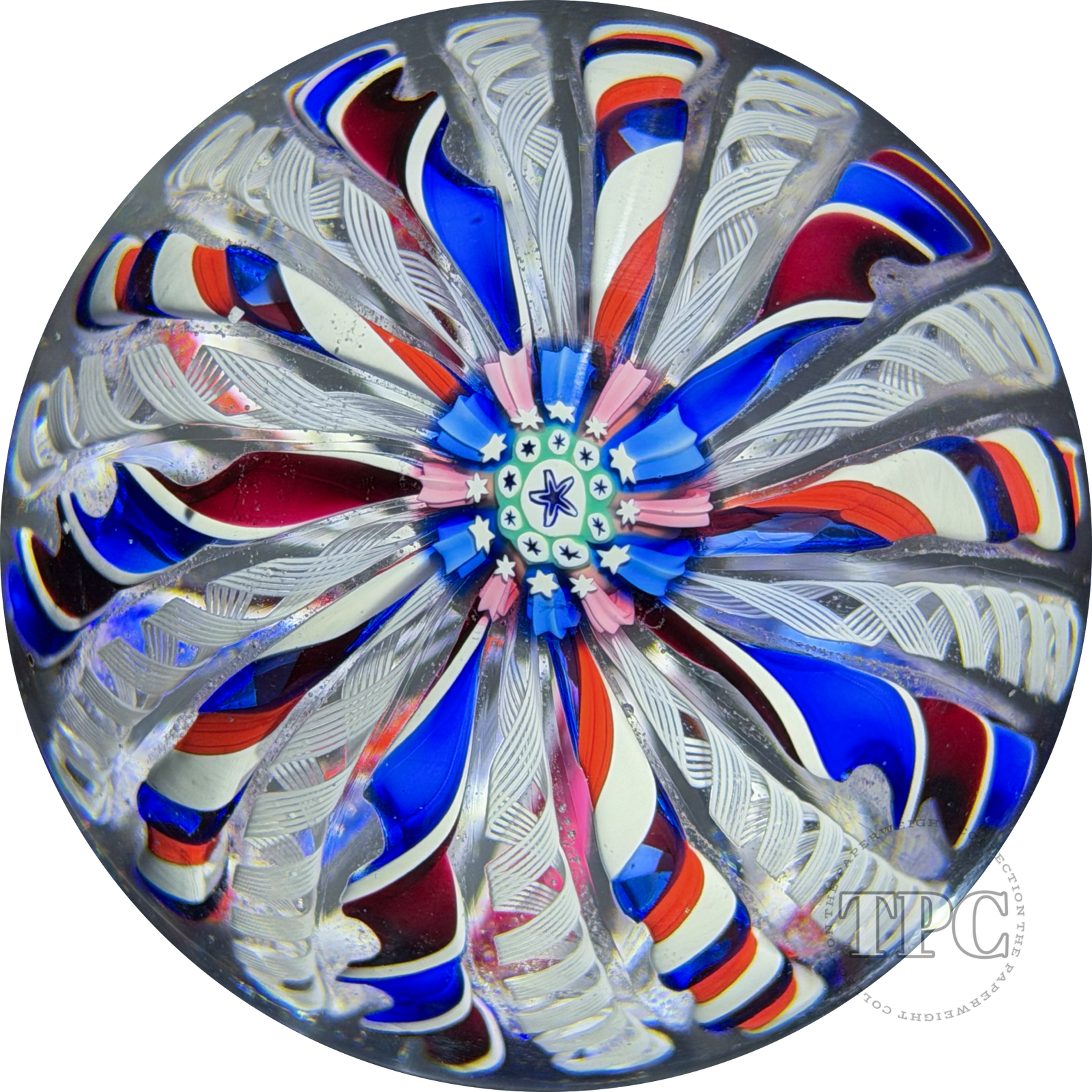 John Deacons 2004 Glass Art Paperweight Red, White and Blue Crown